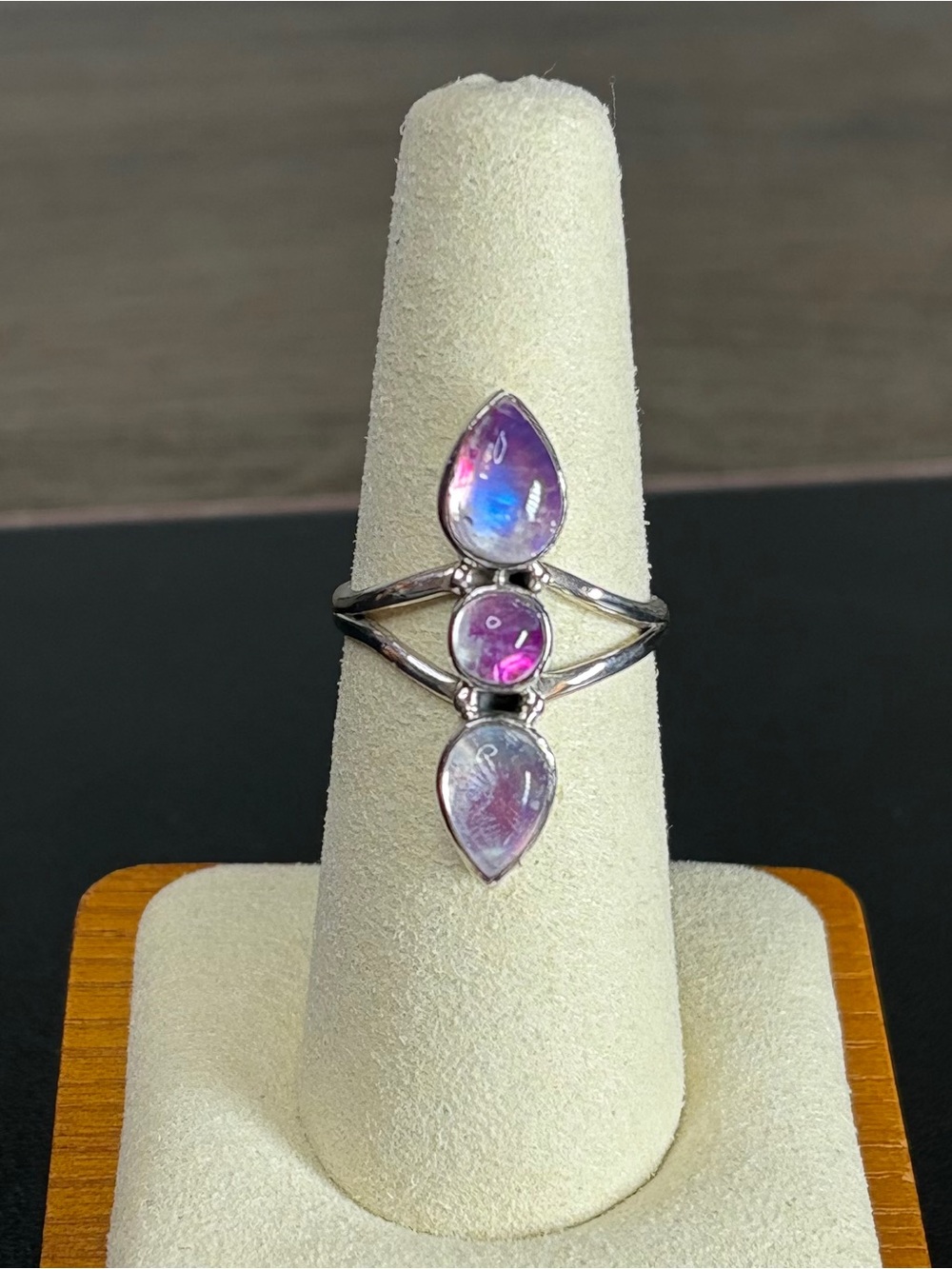 925 Sterling Silver Pink Rainbow Moonstone Triple Teardrop Stone Ring
